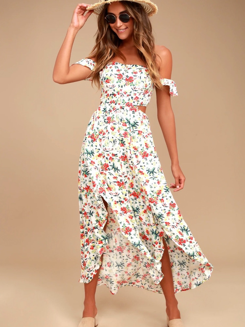 Lulu's White Floral Off-Shoulder Maxi Dress with Red & Green Print